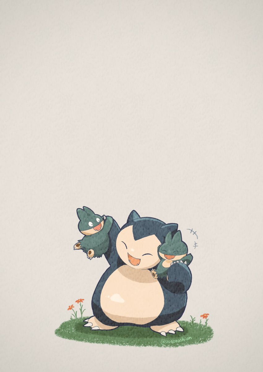 850x1201 Safebooru - +++ :d ^ ^ arm up artist name carrying claws closed eyes commentary request fangs flower grass grey background hand up happy highres munchlax no humans open mouth pokemon pokemon