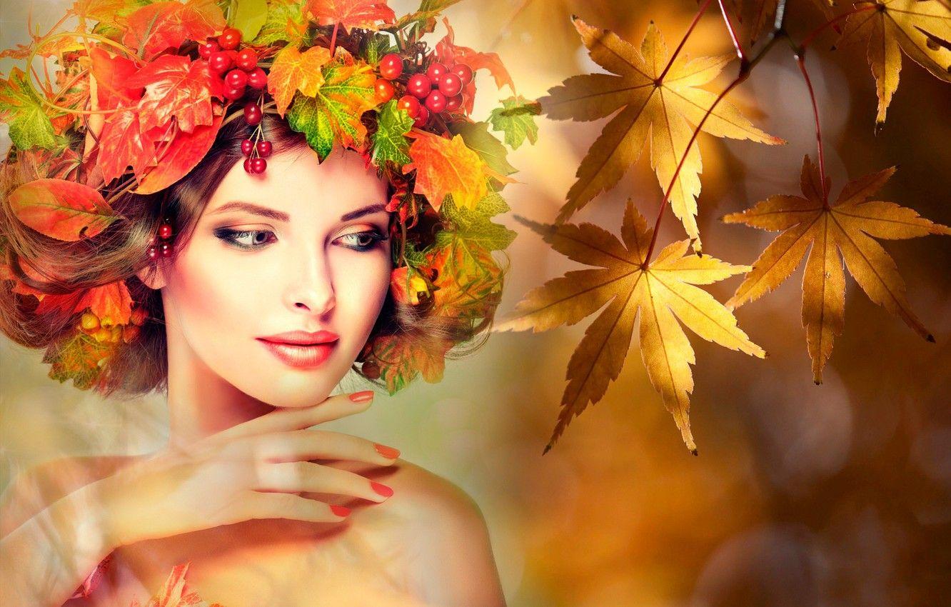 1332x850 Wallpaper autumn, leaves, girl, branches, glare, berries, creative