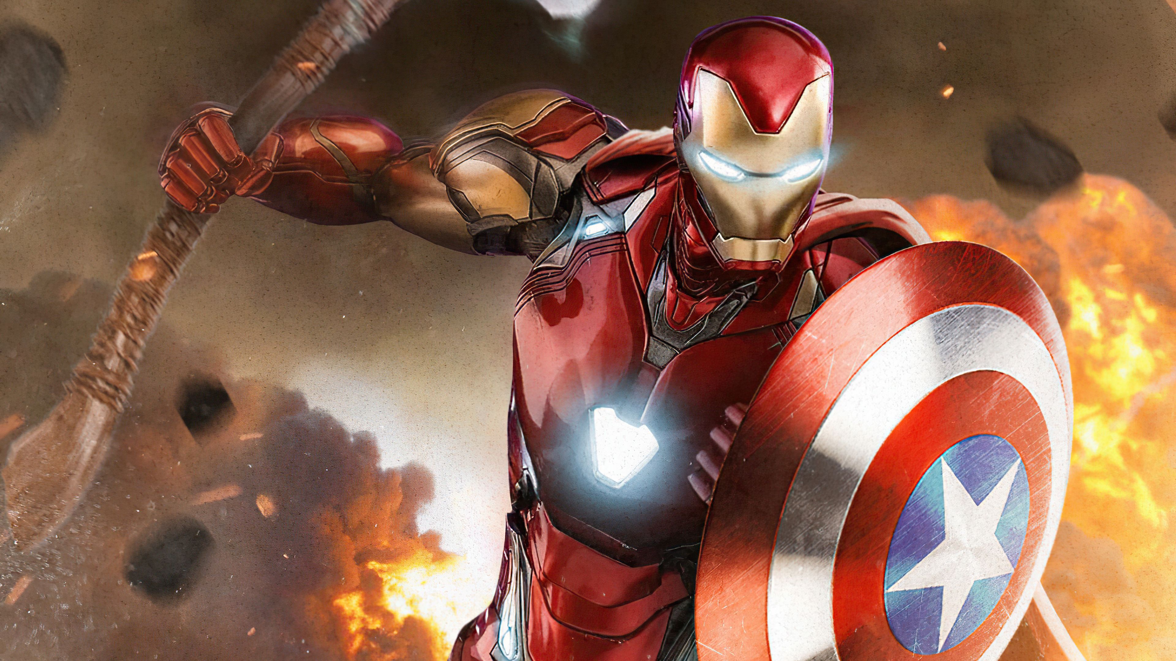 3840x2160 Wallpaper 4k Iron Man With Captain Shield And Thor Hammer 4k Wallpaper