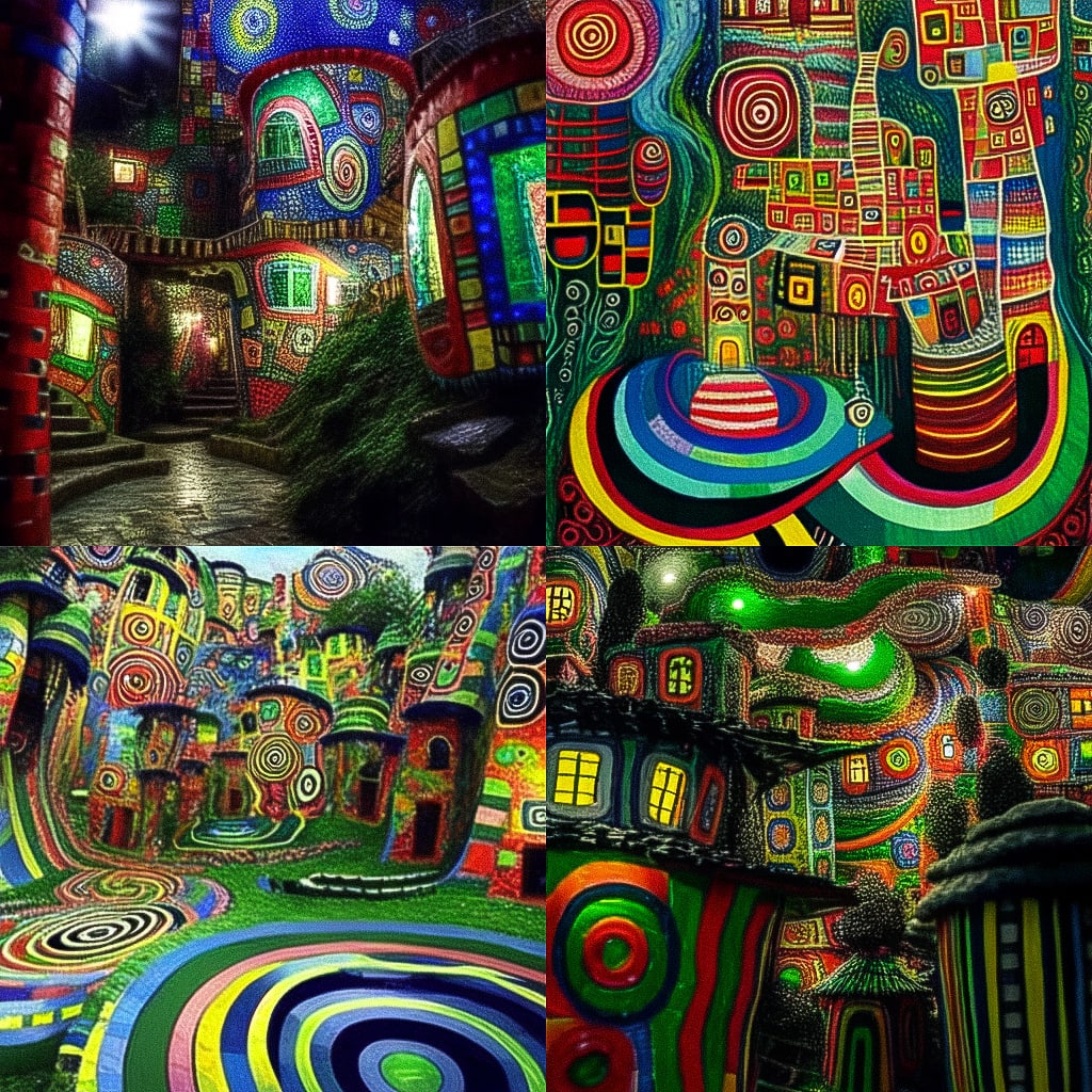 1024x1024 Friedensreich Hundertwasser Midjourney style. Andrei Kovalev's Midlibrary 2.0