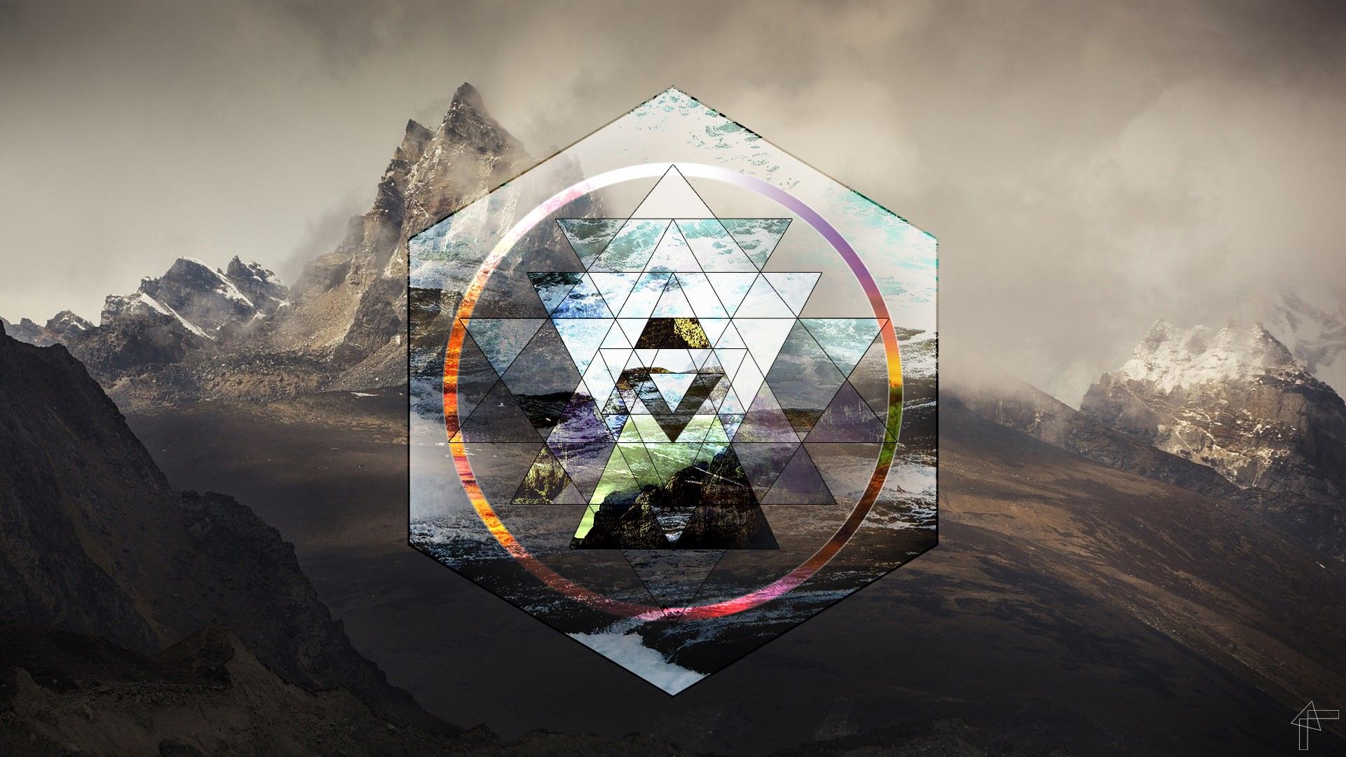 1920x1080 Wallpaper / sri yantra, mountains, low poly, cityscape, digital art, 1080P, triangle, hexagon, landscape free download