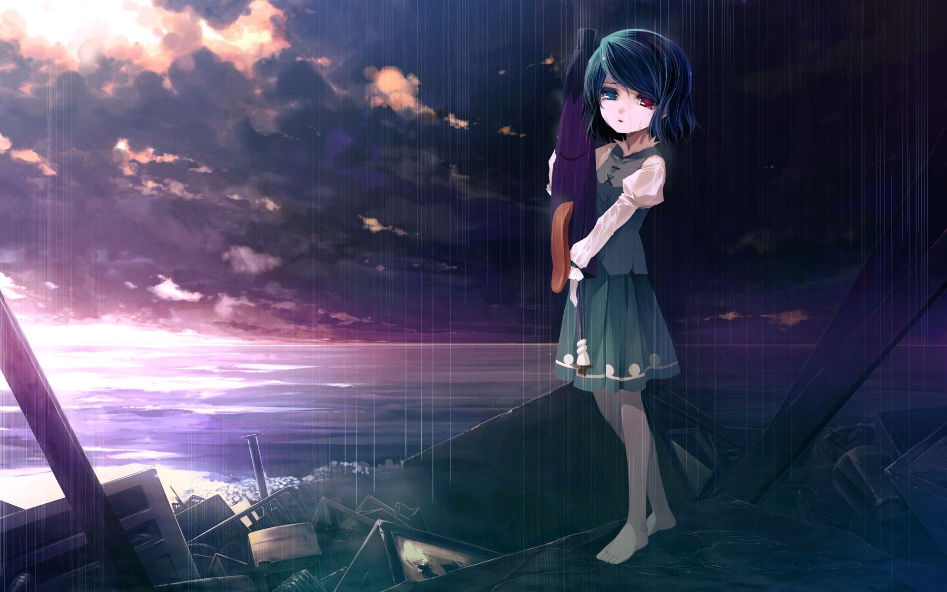1920x1200 HD desktop wallpaper: Anime, Rain, Touhou, Kogasa Tatara download free picture