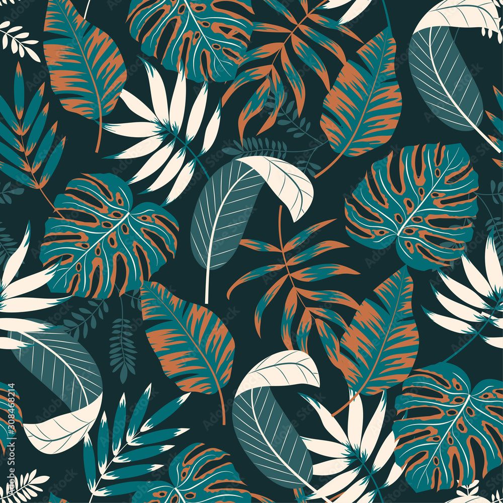 1000x1000 Abstract seamless pattern with tropical plants and leaves on a dark background. Vector background for various surface. Jungle leaves. Botanical pattern. Exotic wallpaper. Hand draw texture. Stock Vector