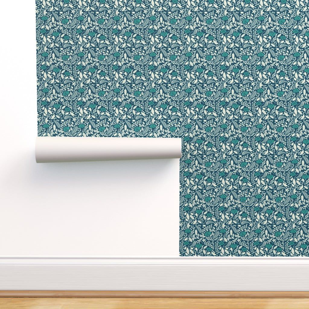 1024x1024 Removable Wallpaper Swatch White Blue Flowers Navy Woodcut Vintage Love Floral Botanical Folk Print Ferns Modern Custom Pre Pasted Wallpaper