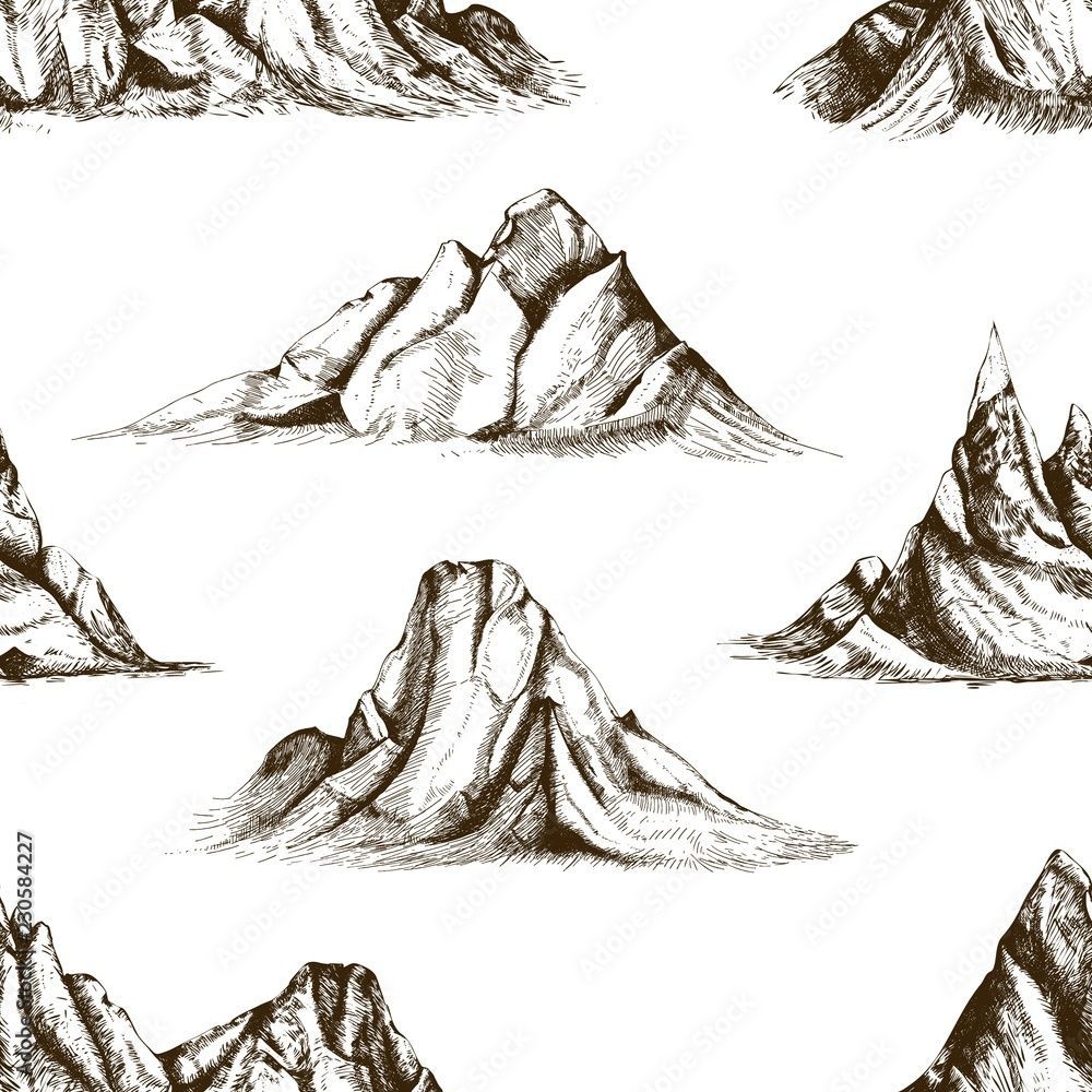 1000x1000 Monochrome seamless pattern with mountain peaks hand drawn with contour lines on white background. Backdrop with rocky cliffs. Vector illustration in vintage woodcut style for fabric print, wallpaper. Stock Vector