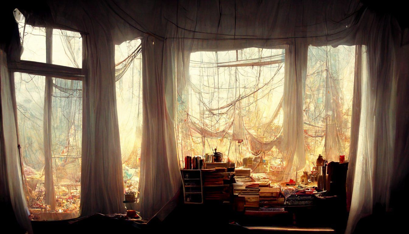 1344x768 prompthunt: Messy room. Bookshelf, bed, desk. The curtains are closed. The universe is outside