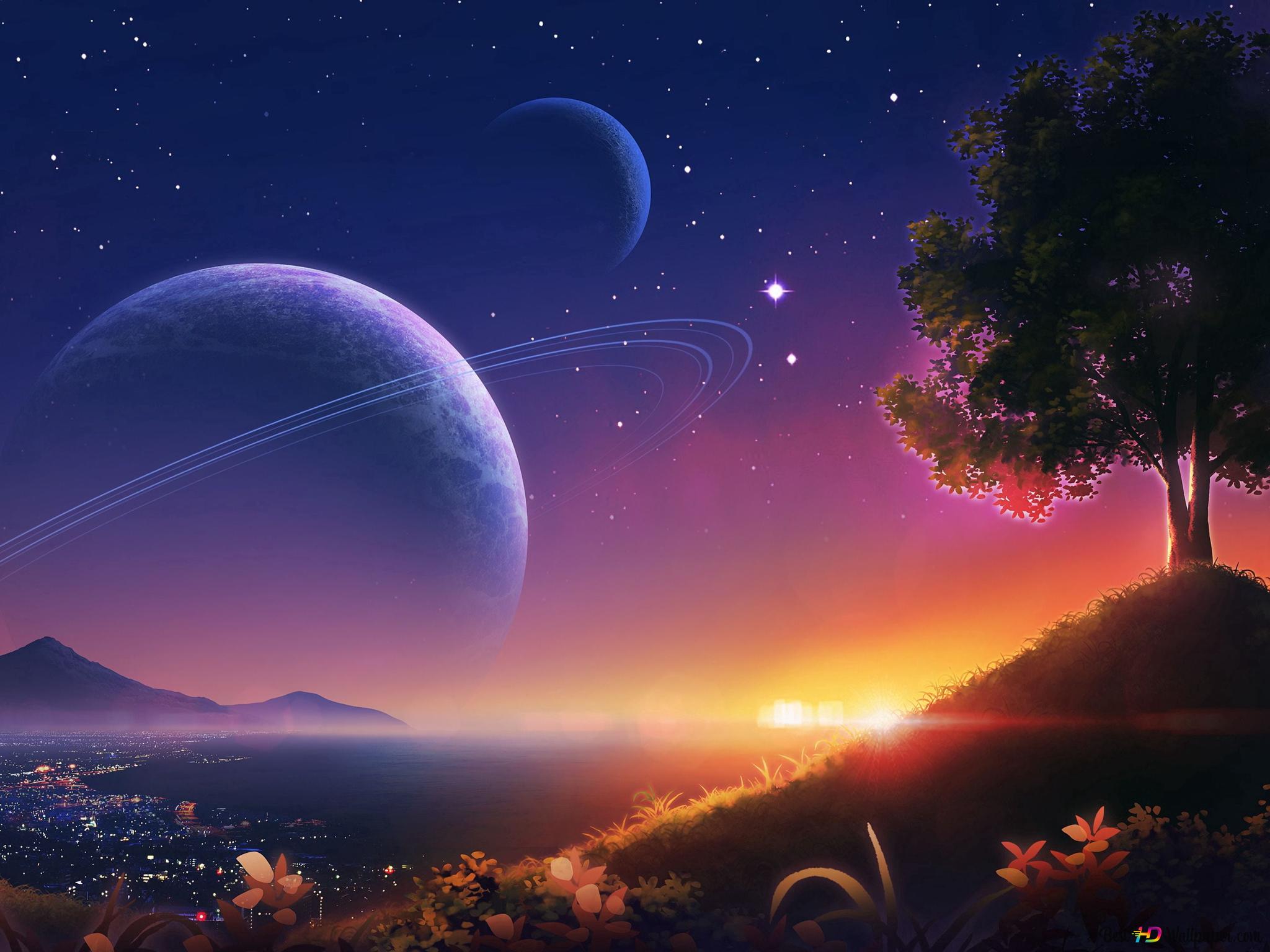 2048x1536 Magnificent view of nature and full moon and daylights together 4K wallpaper download