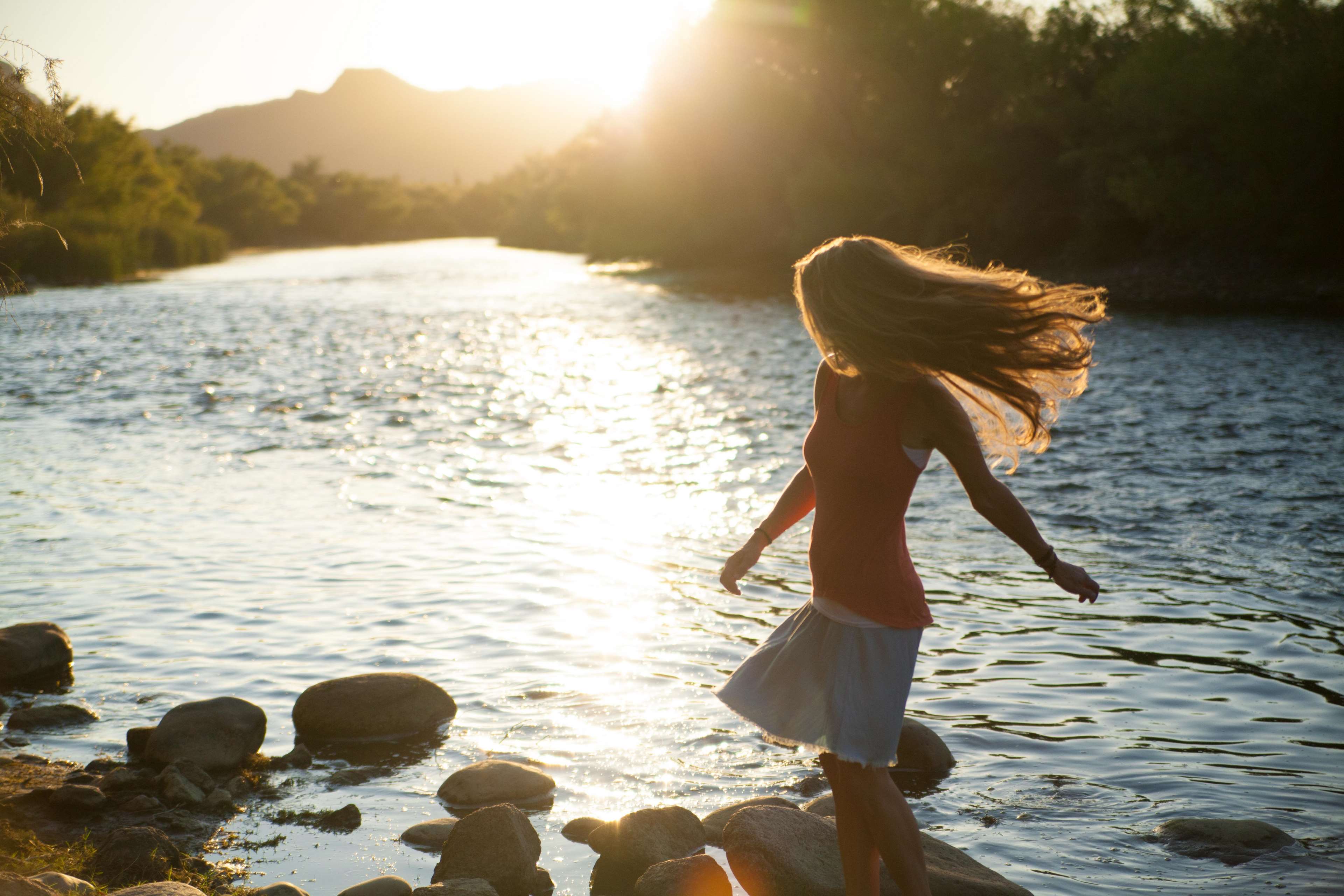 3840x2560 girl, hair, lady, lake, landscape, leisure, mountain, outdoors