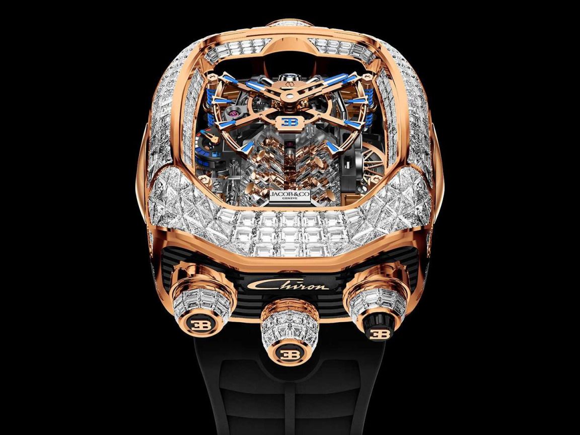 1152x864 Download wallpaper gold, Bugatti, diamonds, dial, black background, luxury, luxury, diamonds, Jacob & Co, Bugatti Chiron Tourbillon, section style in resolution 1152x864