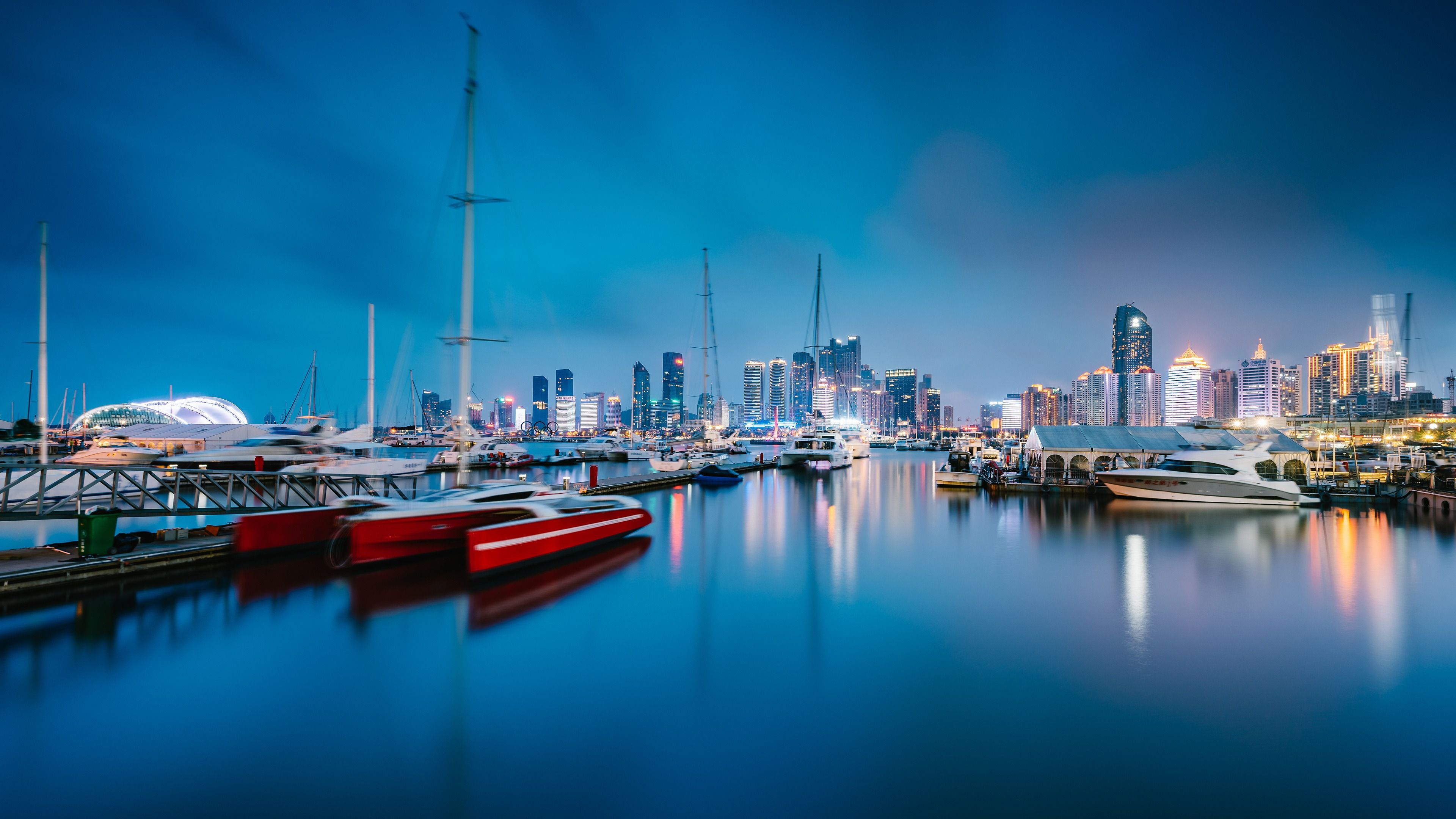 3840x2160 China Sailing Capital Qingdao Harbor Night