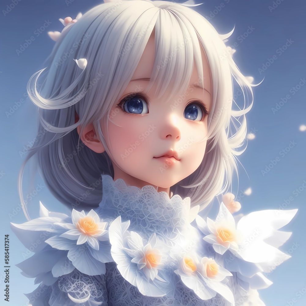 1000x1000 Anime girl little white, people, Background artwork digital art Illustration wallpaper painting, Abstract luxury, generative AI, generative artificial intelligence, seasons Concept Stock Illustration