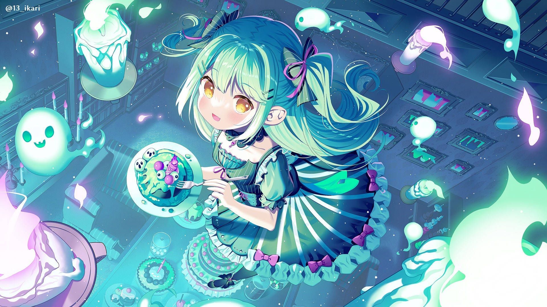 1920x1080 Download A beautiful portrait of an anime girl with a green aesthetic. Wallpaper