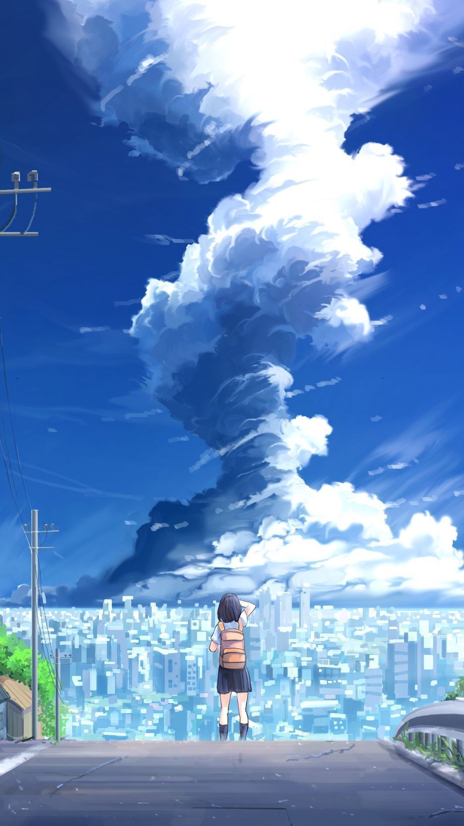938x1668 Download Wallpaper 938x1668 Girl, City, Tornado, Anime, Art Iphone 8 7 6s 6 For Parallax HD Background