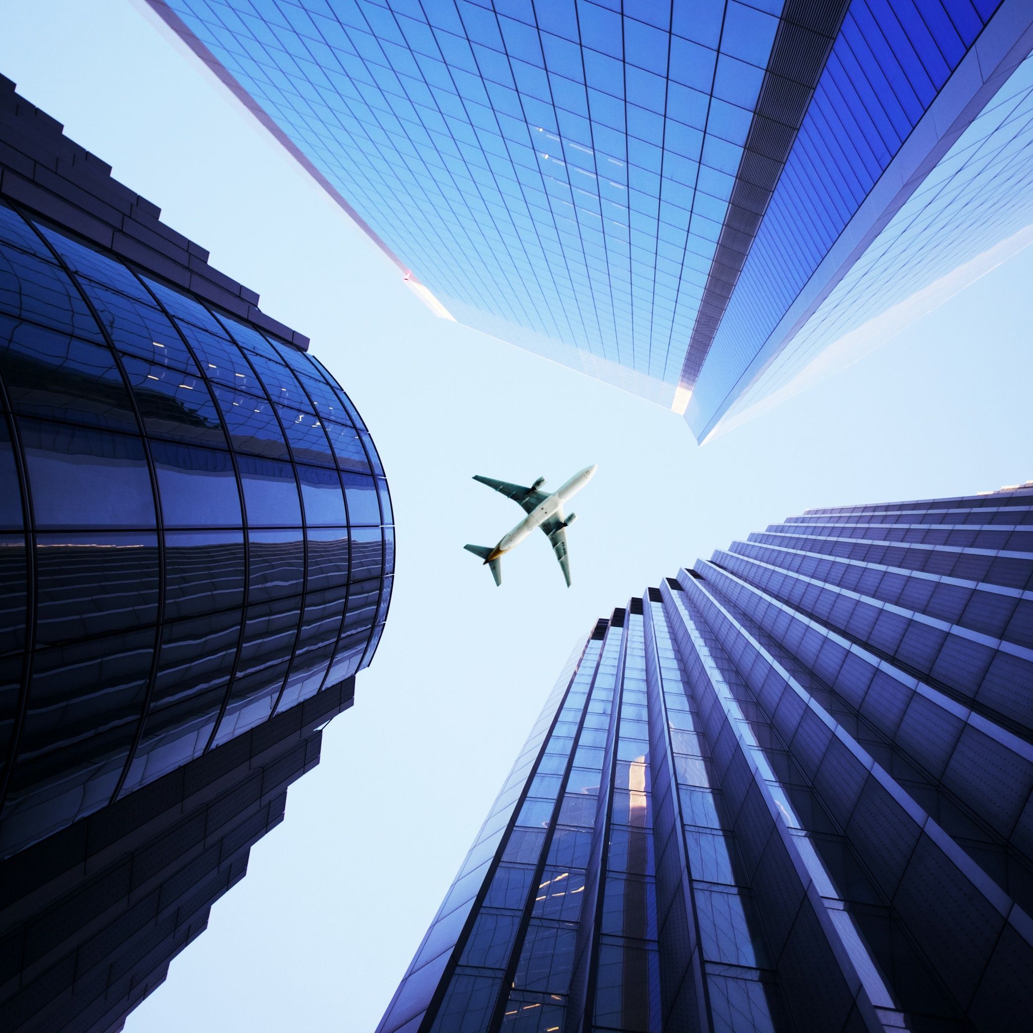 2048x2048 Skyscrapers Wallpaper 4K, Airplane, High rise building