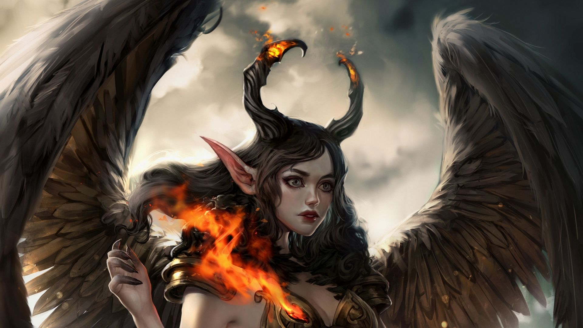 1920x1080 Wallpaper / angel, black, horns, ilse harting, wings, frumusete, luminos, fire, demon, fantasy, girl free download