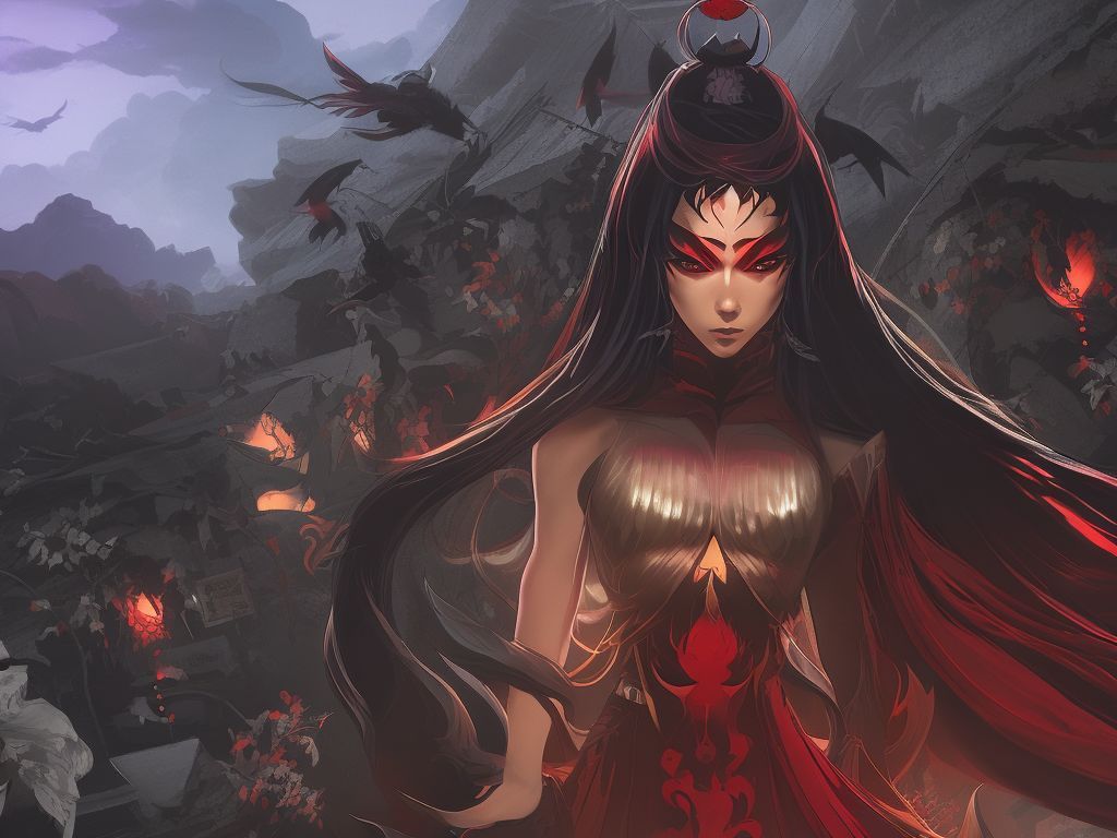 1024x768 Early Cod867: A Female Demon Surrounded By Spirits Stands On A Narrow Japanese Street