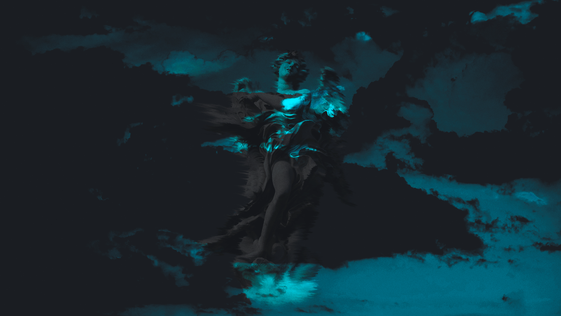 1920x1080 Wallpaper / statue, glitch art, digital art, dark, cyan, clouds, dark gray, turquoise free download