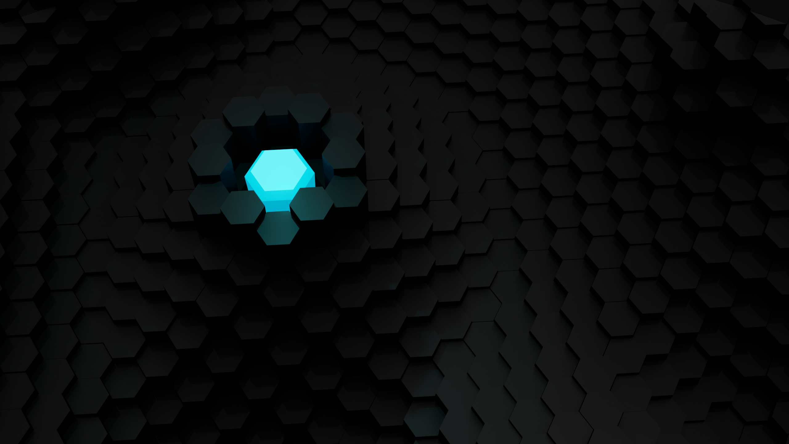 2560x1440 hexagon, render, dark, cyan, black, digital art, 3D Abstract Gallery HD Wallpaper