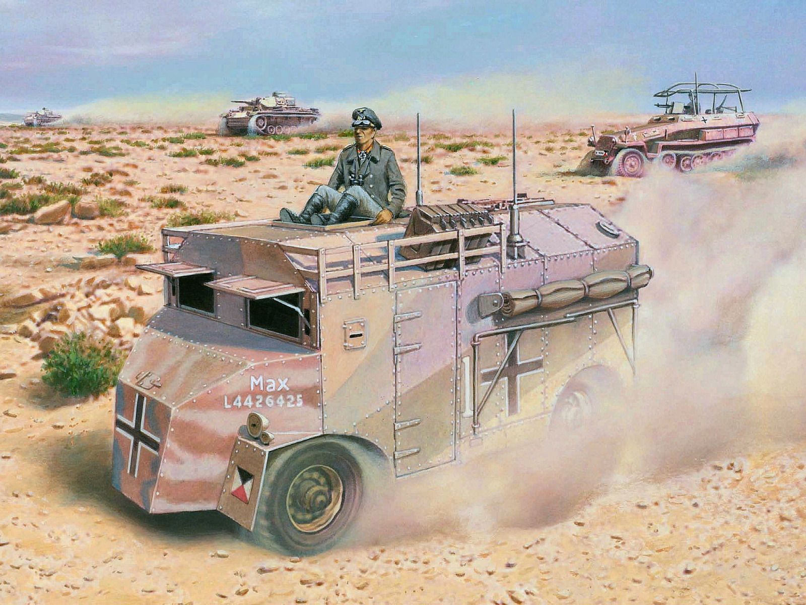 1600x1200 Download wallpaper Sand, Desert, Art, Tank, The Wehrmacht, Armor, Erwin Rommel, German General, Erwin Rommel, section weapon in resolution 1600x1200