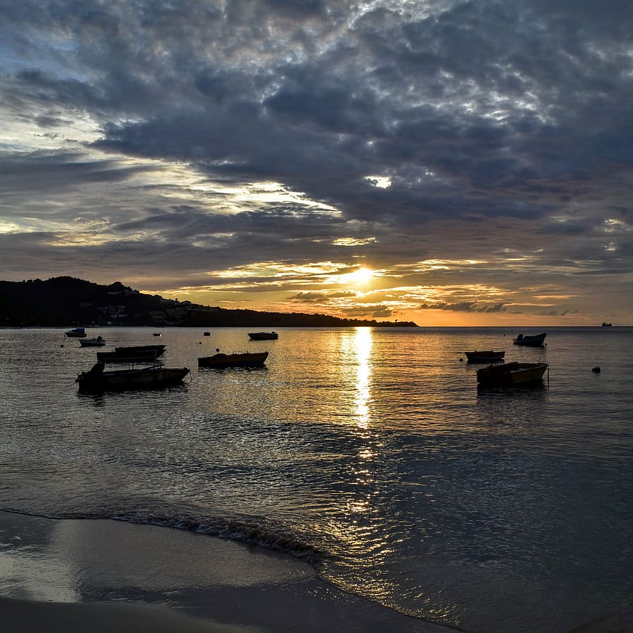 910x910 HD wallpaper: grenada, island, beach, seascape, boats, heavy clouds, sunset
