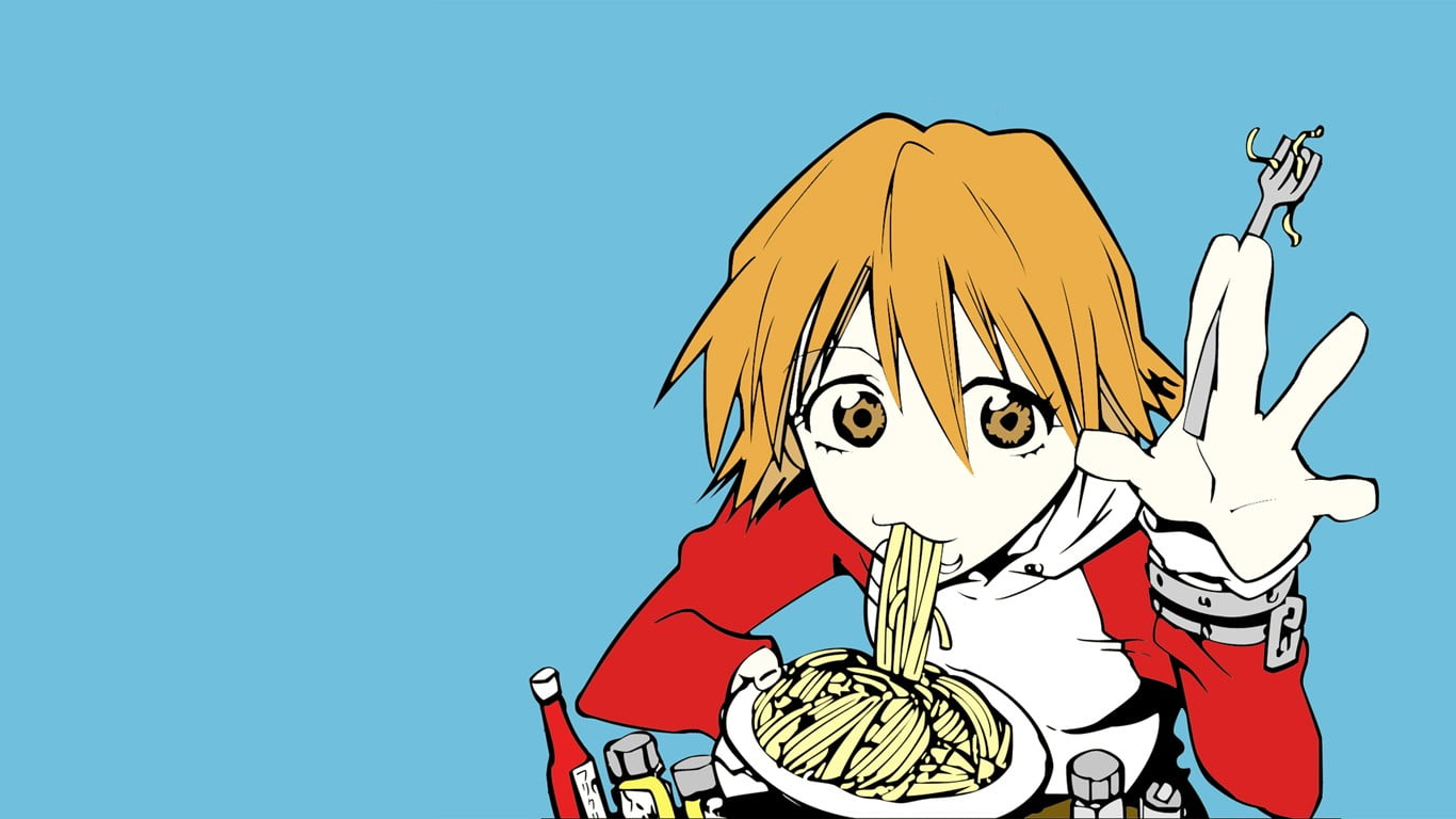 1366x768 Yellow haired male character illustration, Haruhara Haruko, FLCL, anime, noodles HD wallpaper