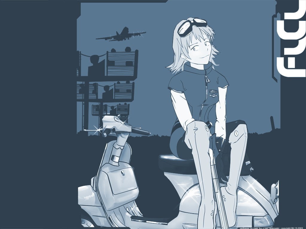 1024x768 Wallpaper / technology, seat, men, indoors, one person, FLCL, real people, chair, anime, Haruhara Haruko, adult, creativity, human representation, business, representation free download