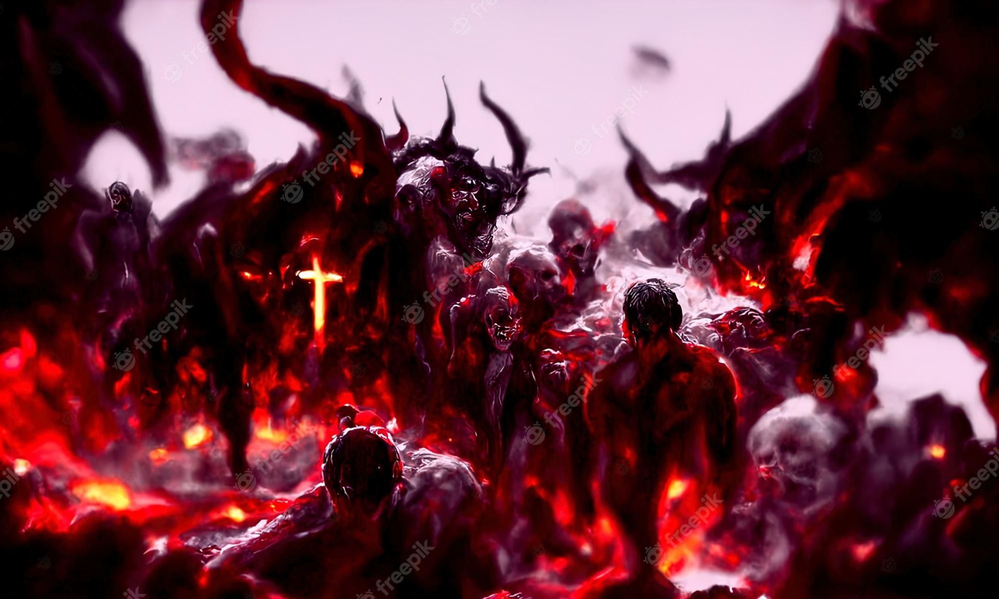 2000x1200 Premium Photo. Purgatory fire in hell a crowd of sinful people is burning in hell in hellfire the gateway to the infernal underworld devils demons and ghouls torment sinful people 3D