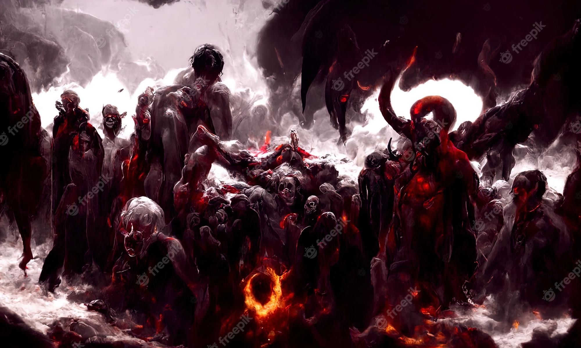 2000x1200 Premium Photo. Purgatory fire in hell a crowd of sinful people is burning in hell in hellfire the gateway to the infernal underworld devils demons and ghouls torment sinful people 3D