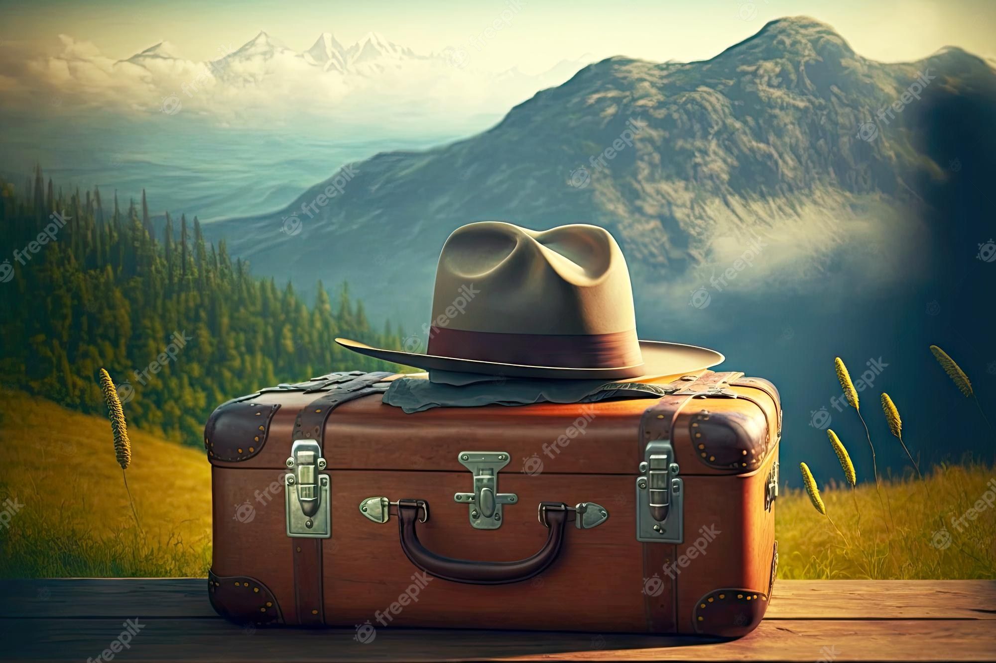 2000x1333 Premium Photo. Brown leather travel suitcase on background of mountains
