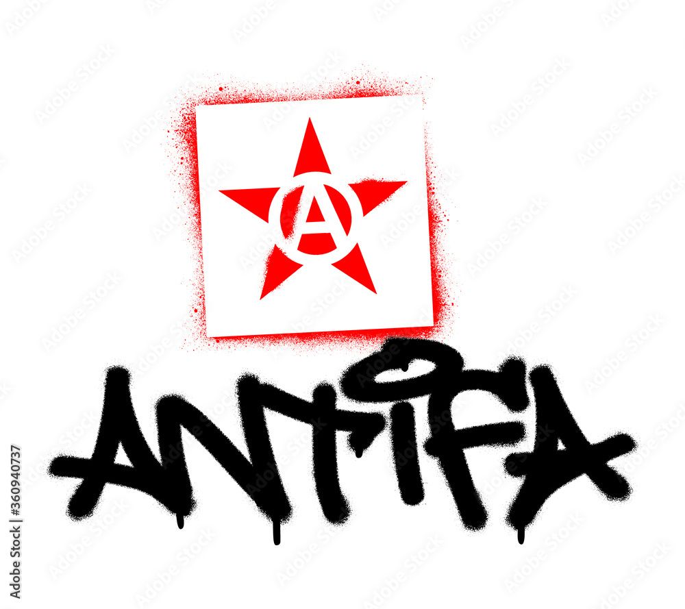 1000x889 Red star stencil and ANTIFA tag spray paint graffiti. Common name for militant and radical antifascists, communists, leftists and anarchists. Stock Vector
