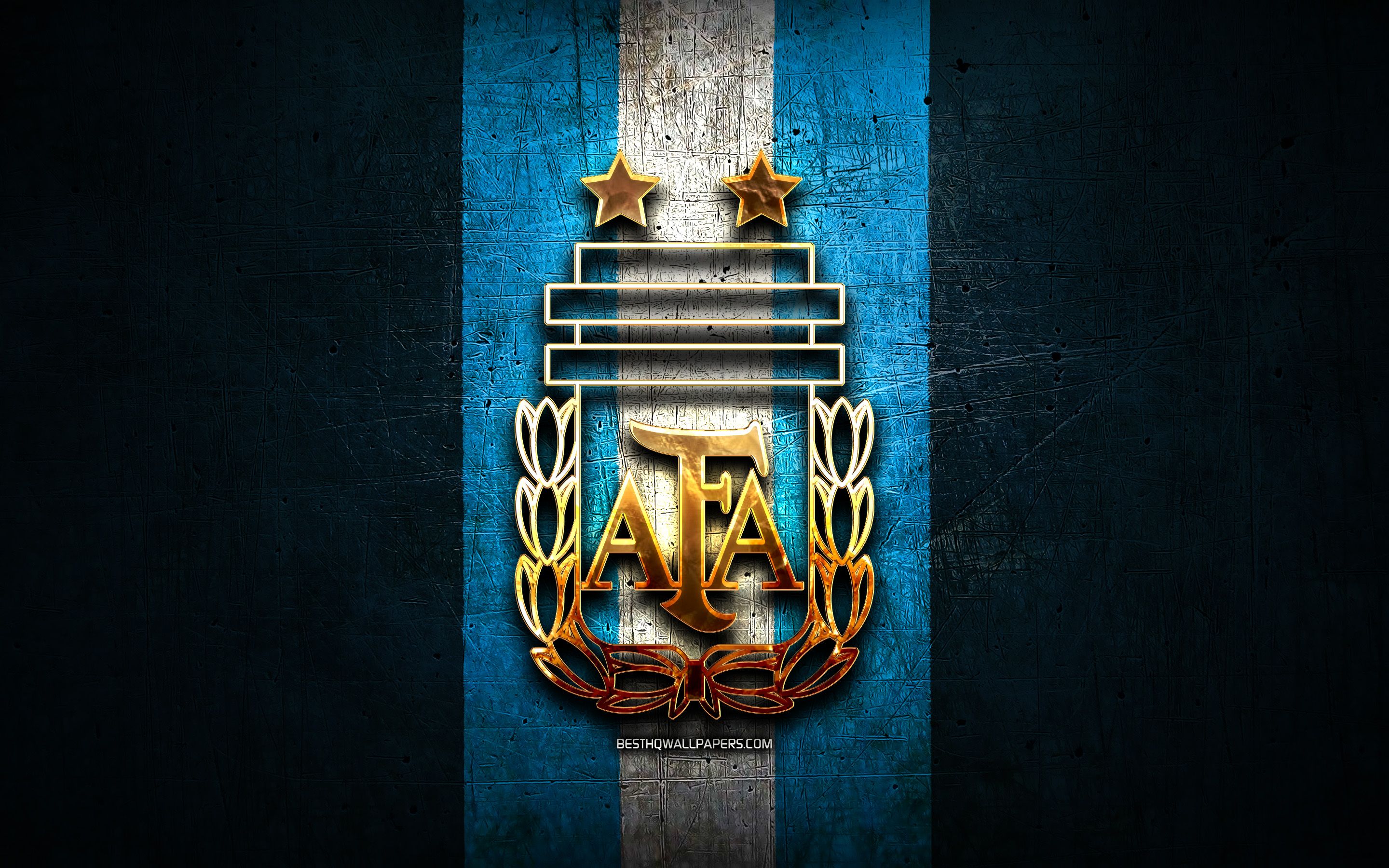 2880x1800 Download wallpaper Argentina National Football Team, golden logo, South America, Conmebol, blue metal background, Argentinean football team, soccer, AFA logo, football, Argentina for desktop with resolution 2880x1800. High Quality HD picture wallpaper
