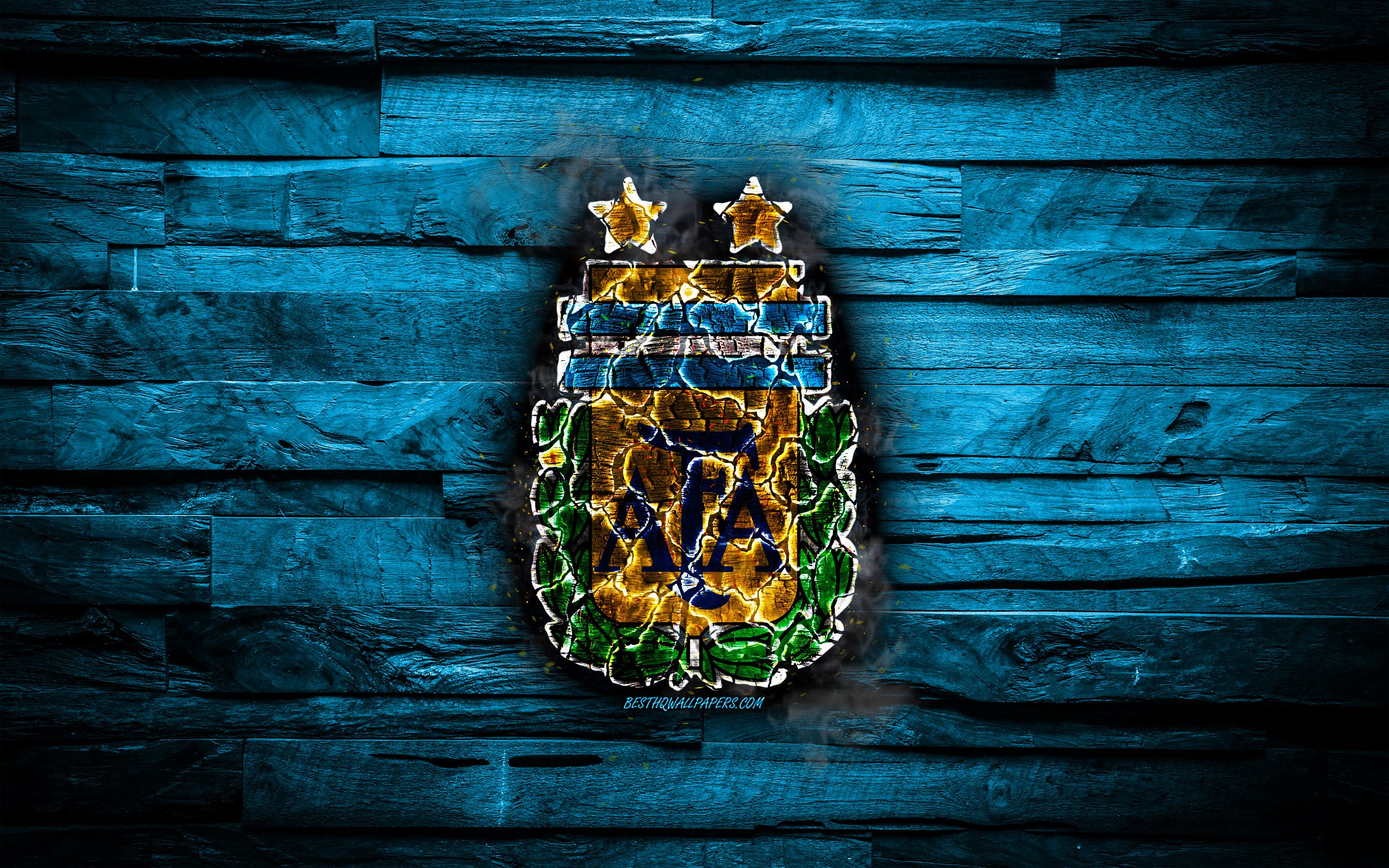 2880x1800 Download wallpaper Argentina, burning logo, Conmebol, blue wooden background, grunge, South America National Teams, football, Argentinean soccer team, soccer, Argentina national football team for desktop with resolution 2880x1800. High Quality HD picture