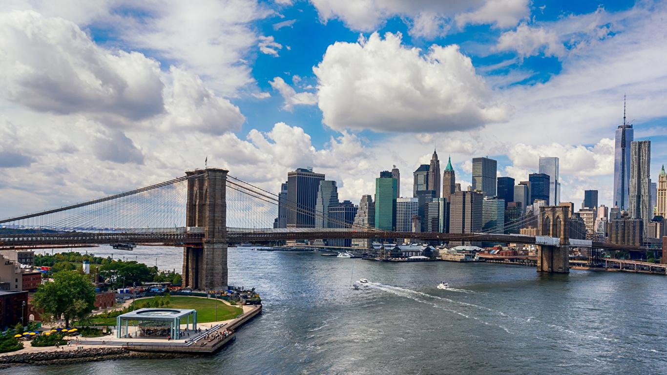 1366x768 Wallpaper Manhattan New York City USA Bridges Sky Cities 1366x768