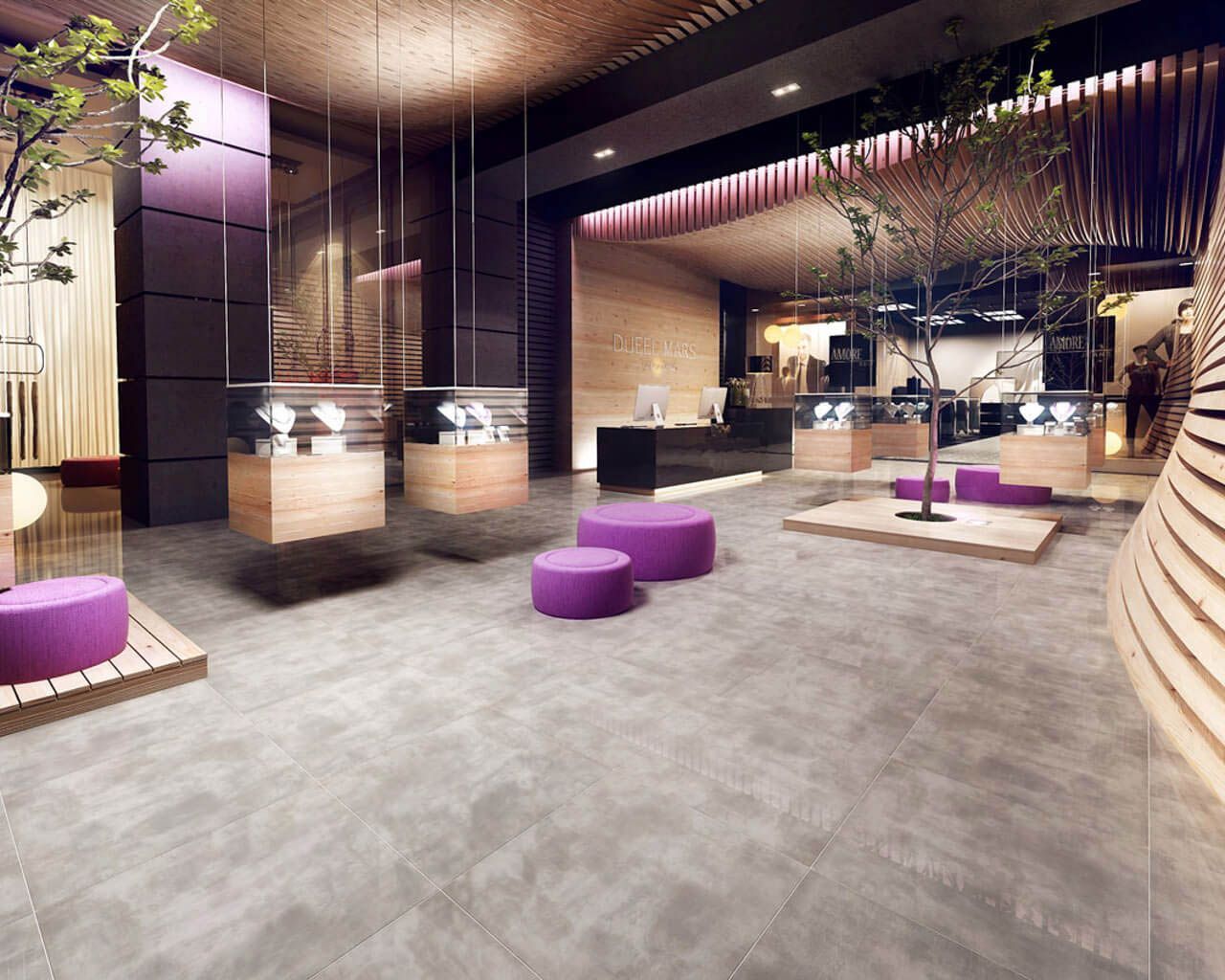 1280x1024 Grey and wood in a modern hotel lobby