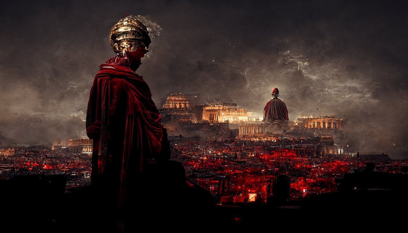 1344x768 prompthunt: a male roman emperor with a laurel wreath on top of his head overlooking urban Rome, looking at roman temple, futuristic, ultra realistic, dark, cinematic lighting, red light from below