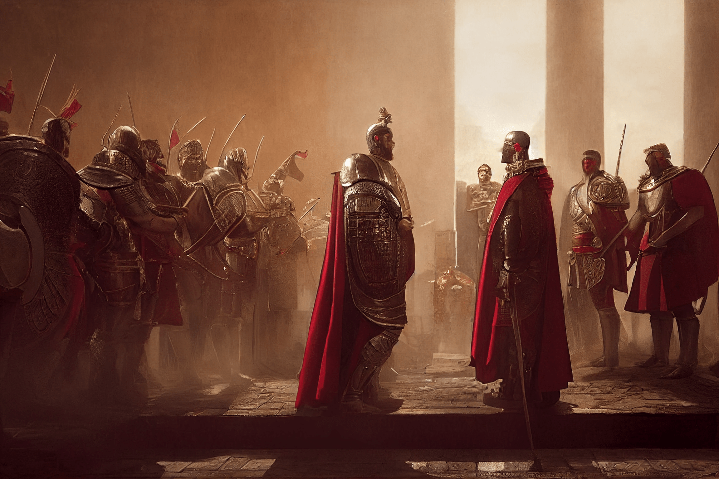 2304x1536 Prompthunt: A Roman Emperor With Roman Armor And Red Cloak Talking To Roman Army, Close Up, Hyperdetailed, Rich Colors, Beautiful Lighting, Shadows, Jordon Grimmer, Grzegorz Rutkowski, Studio Ghibl