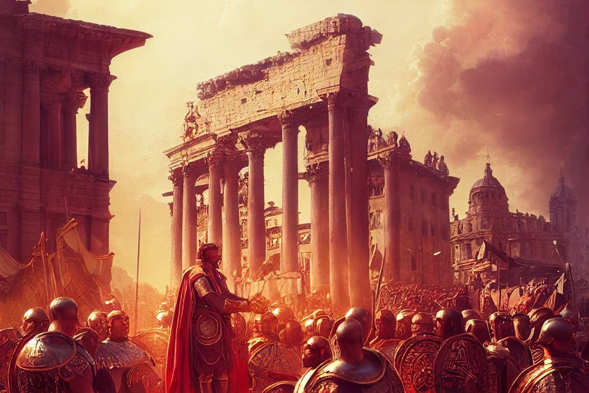 1152x768 Prompthunt: A Roman Emperor With Roman Armor Standing At Palace Square Talking To Roman Army, Close Up, Hyperdetailed, Rich Colors, Beautiful Lighting, Shadows, Jordon Grimmer, Grzegorz Rutkowski, Studio Ghibl