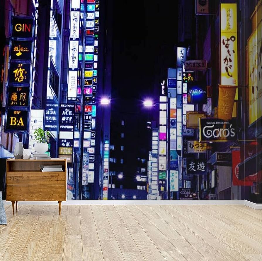 894x893 Kanworse Neon Downtown Ginza Canvas Wallpaper Print Self Adhesive Peel & Stick Wallpaper Wall Mural Wall Decal Wall Sticker Poster Home Decor for Living Room : Tools & Home Improvement
