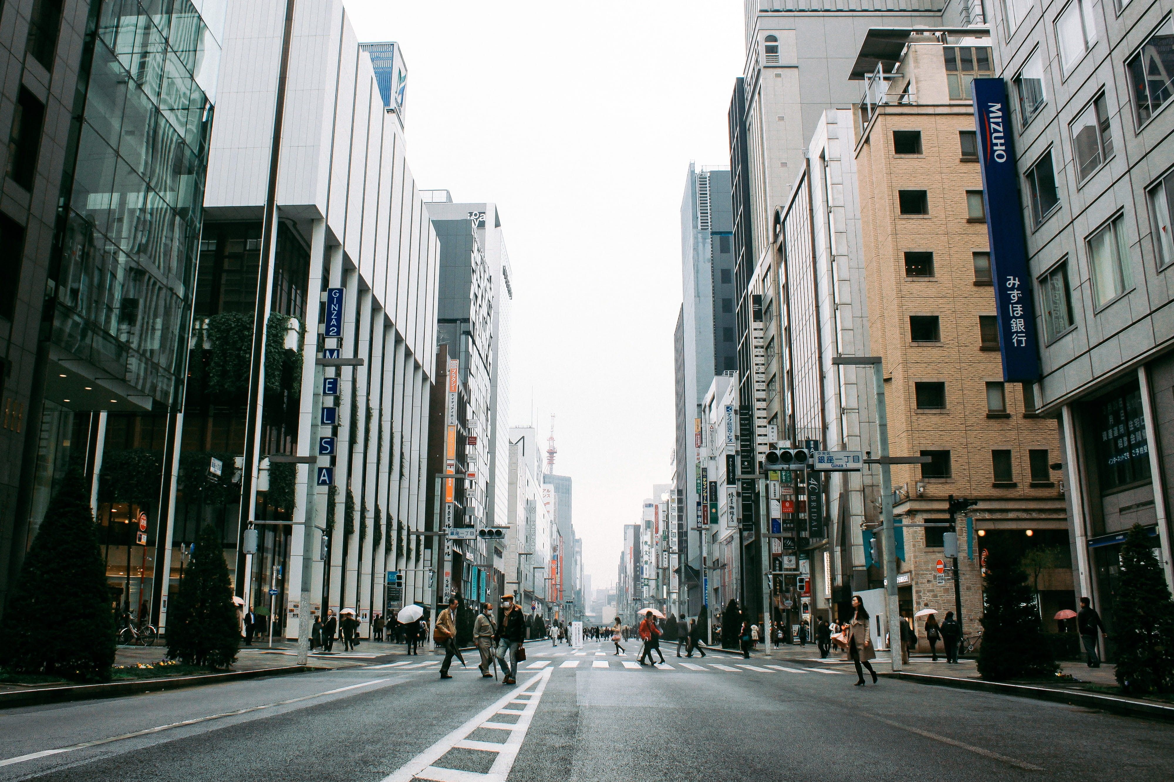 4000x2667 Wallpaper / sky, direction, city Life, Ginza, transportation, skyscraper, downtown District, nature, architecture and Cityscape, the way forward, road marking, built Structure free download