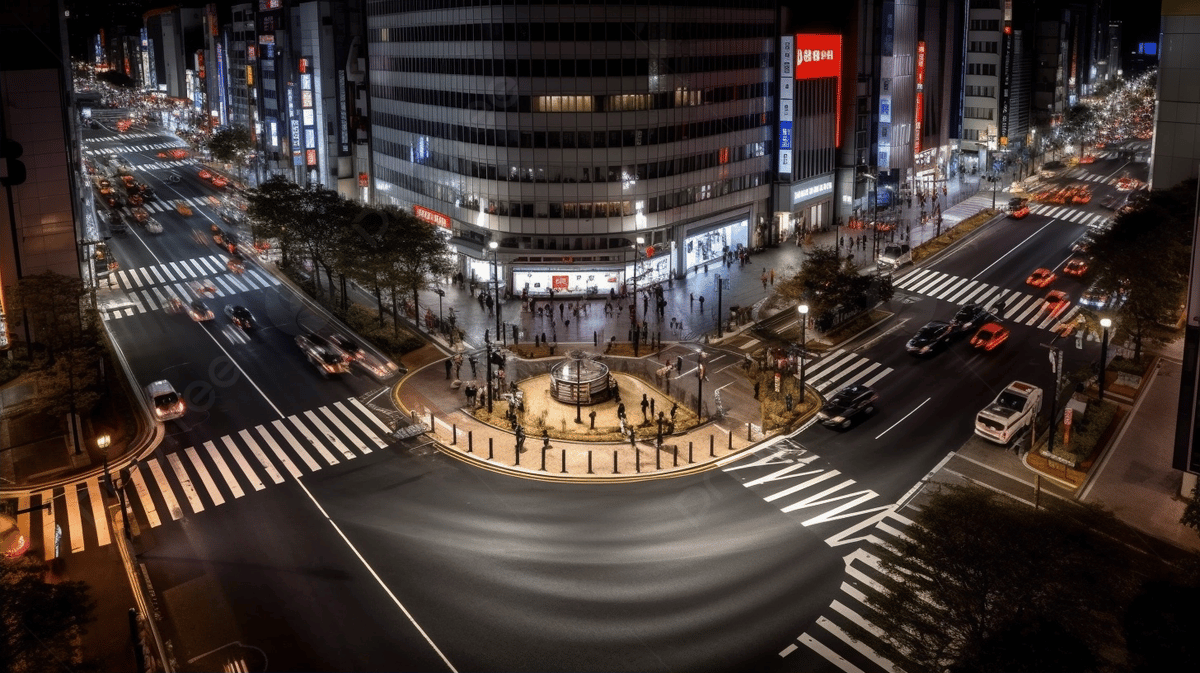 1200x673 An Aerial View Of An Intersection Night In Tokyo Background, Ginza Sukiyabashi Intersection, HD Photography Photo Background Image And Wallpaper for Free Download