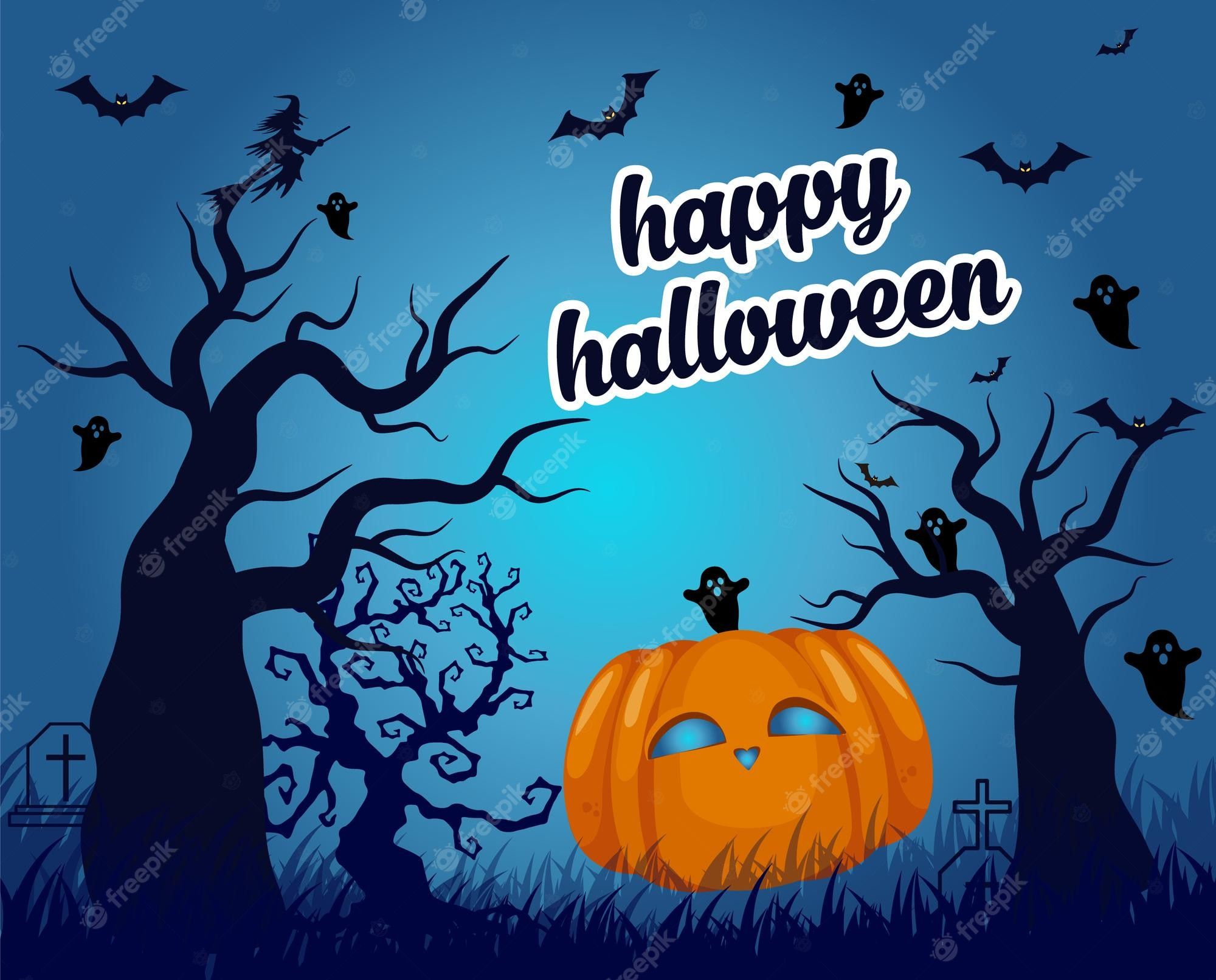 2000x1612 Premium Vector. Blue halloween night wallpaper with graveyard and pumpkin