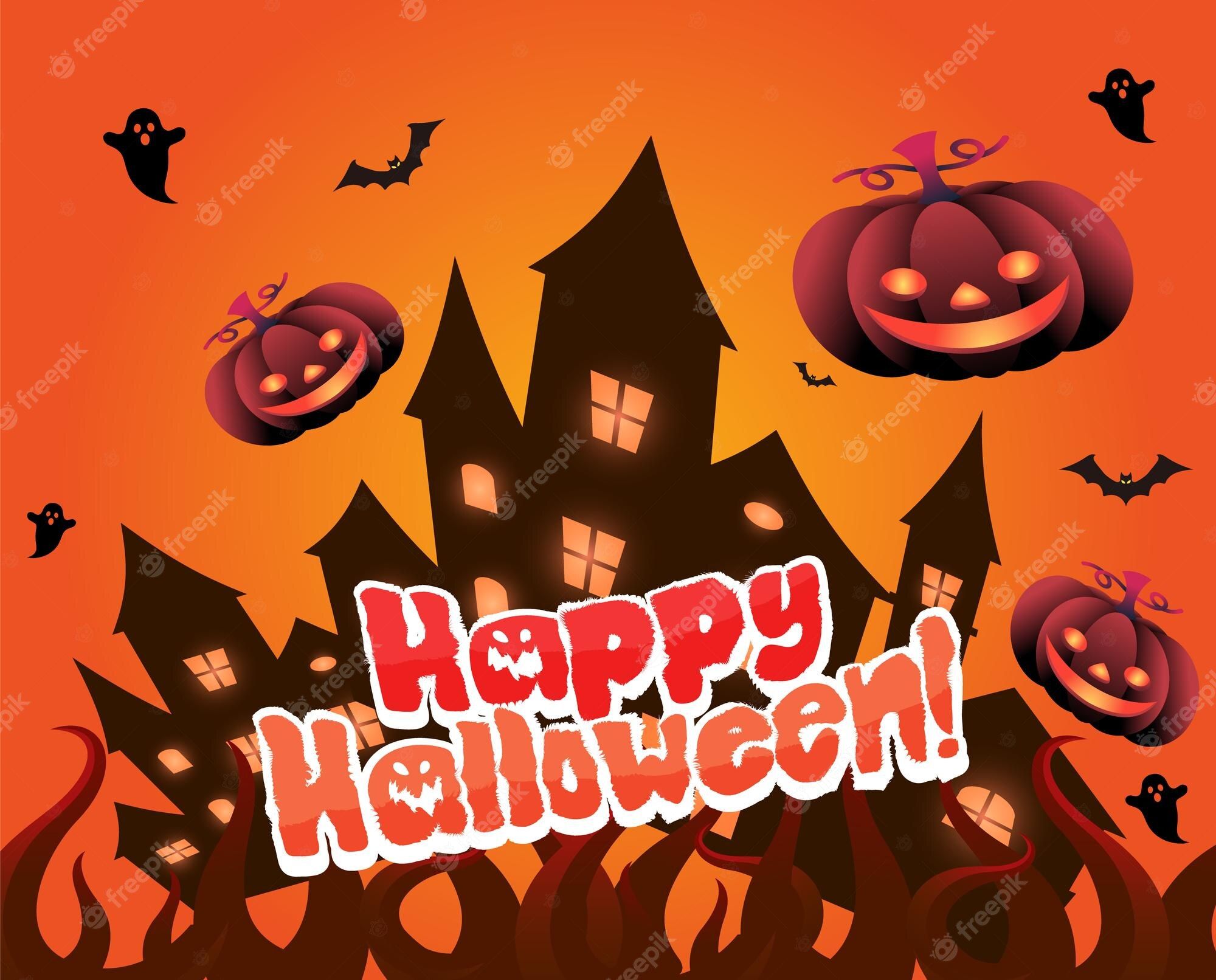 2000x1612 Premium Vector. Orange halloween night wallpaper with scary house, pumpkin and ghost