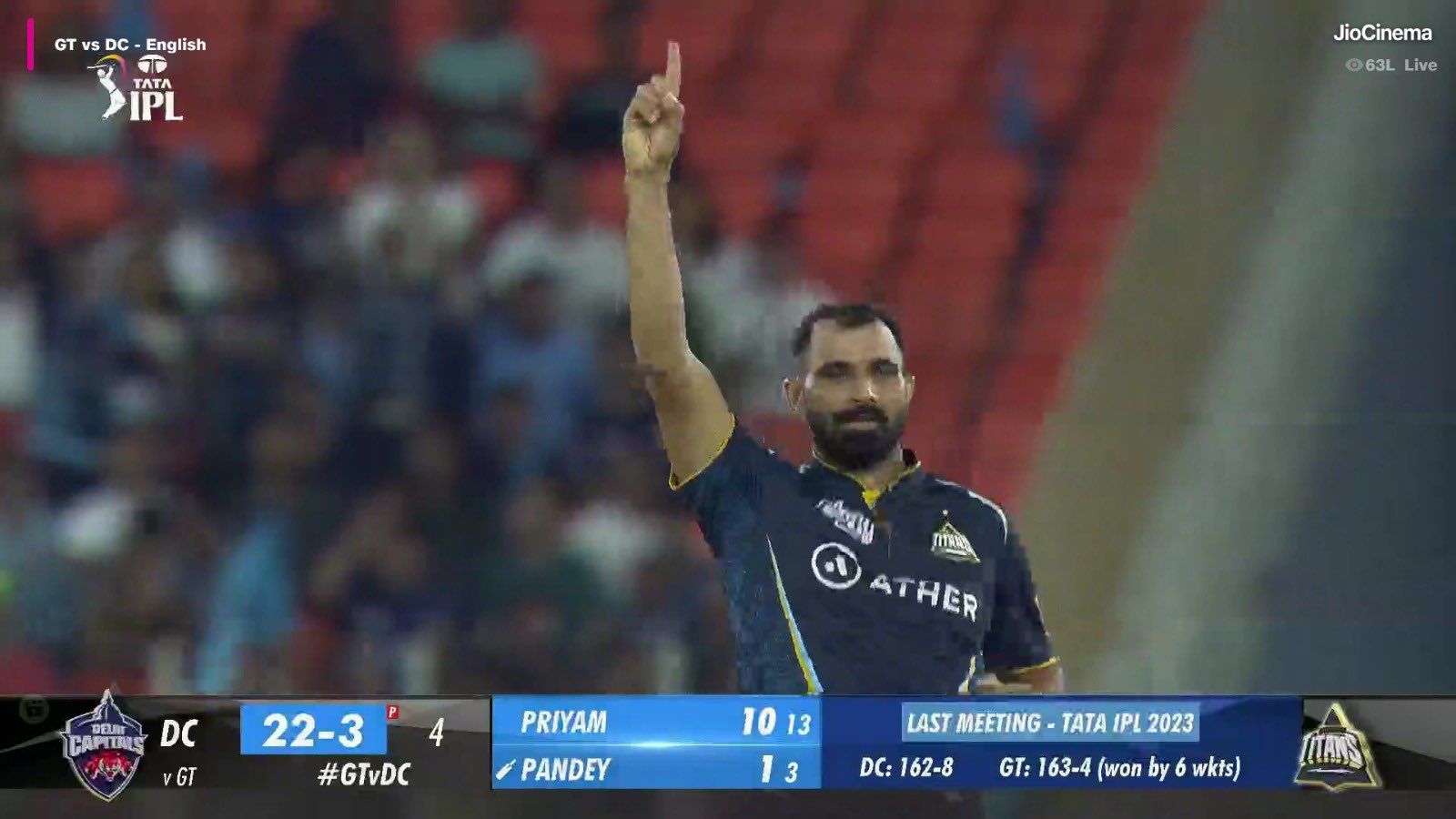 1600x900 Ridhima Pathak of the day for Mohammed Shami. JUST WOW! He is not stopping, and the horror show of Delhi Capitals continues. #GTvsDC #IPL2023