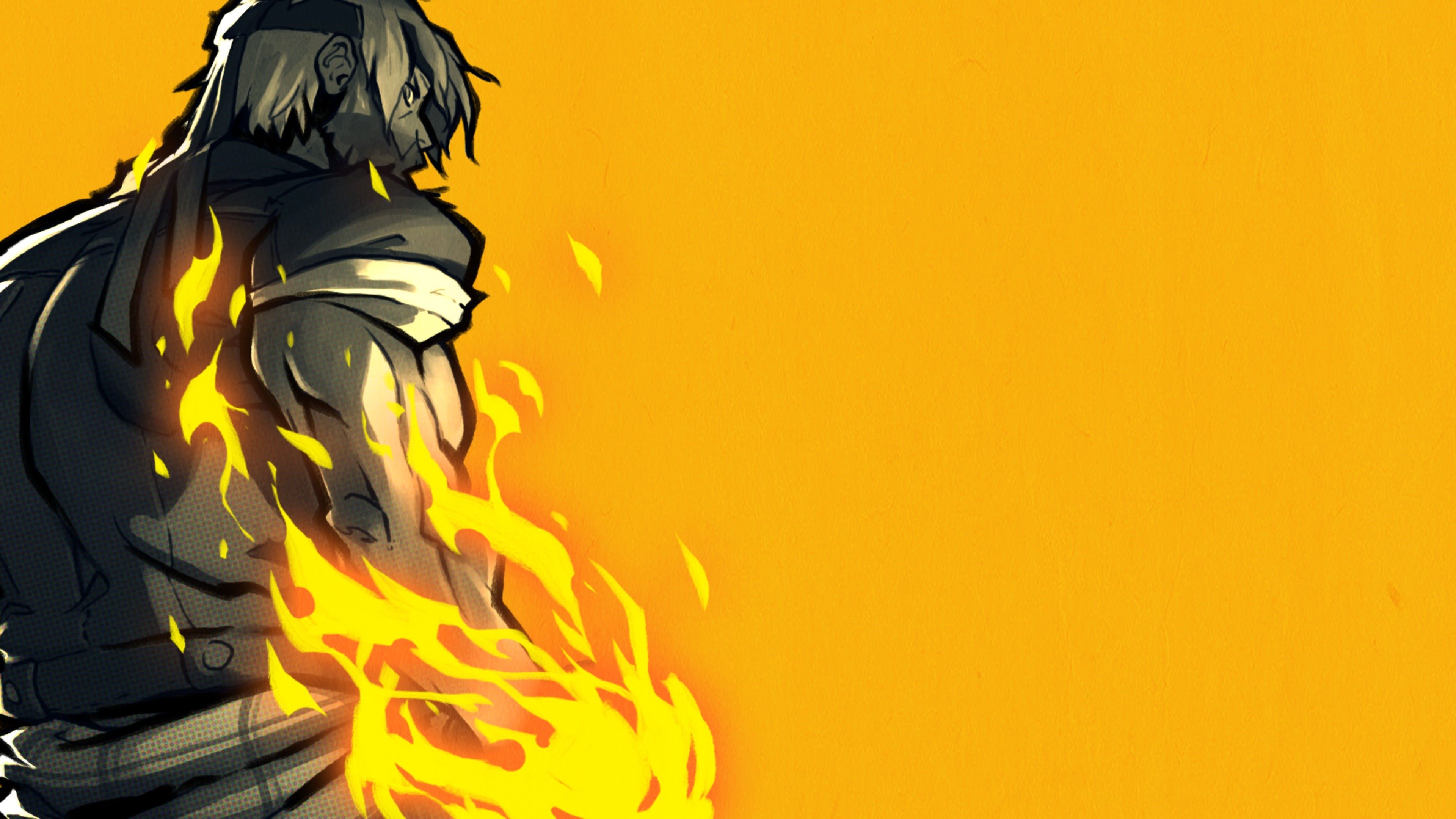 3840x2160 4K, yellow background, video games, video game warriors, BARE KNUCKLE, fire, video game man, Axel Stone, video game art, Streets of Rage, Streets of Rage 4 Gallery HD Wallpaper