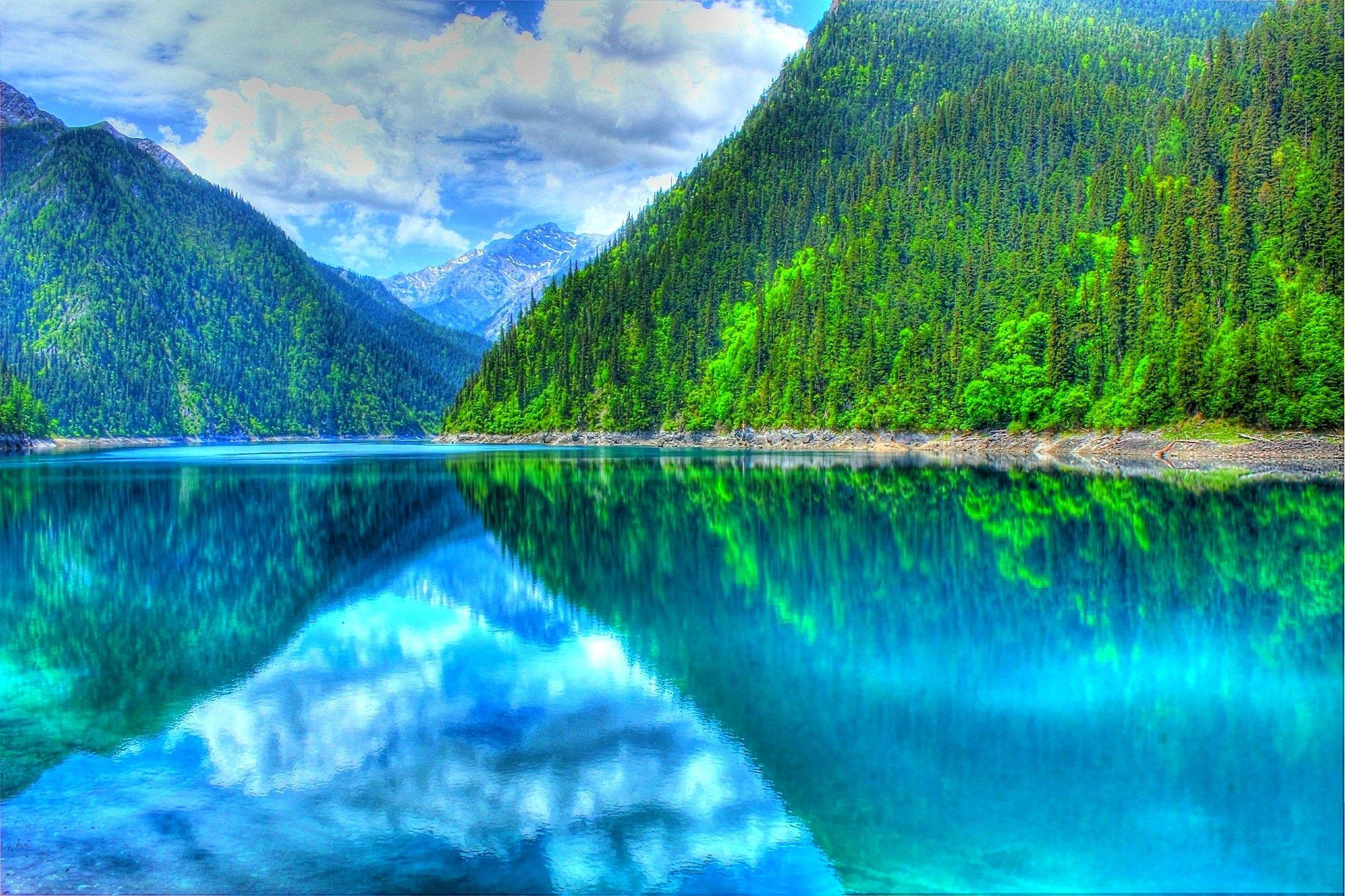 2048x1365 Lakes: Reflection Forest Valley Summer China Park Turquoise