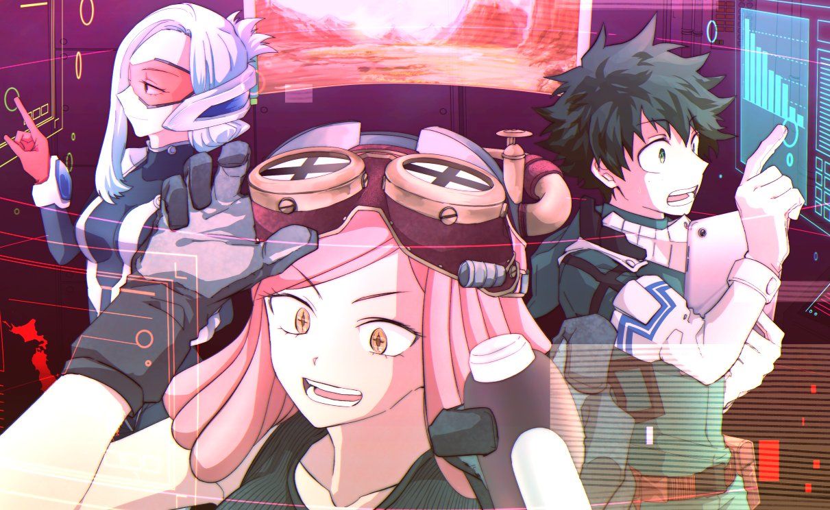 1211x744 midoriya izuku, hatsume mei, and sekigai kashiko (boku no hero academia) drawn by miyachi_(yayun)