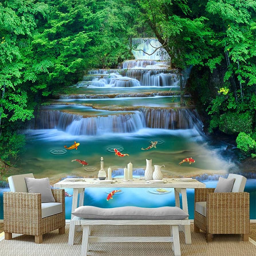 894x894 Hd Waterfall Running Water Goldfish Photo Mural Wallpaper Chinese Style Nature Landscape Wall Painting Interior Decor Wall Paper, 300(W)×210(H)cm