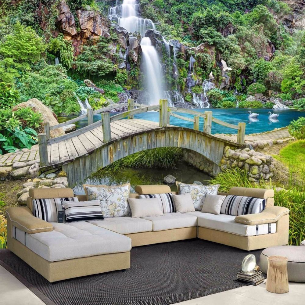 1000x1000 Beibehang Custom Any Size 3D Mural Wallpaper Small Bridge Running Water Waterfall Nature Landscape Photo Background Wall Papers