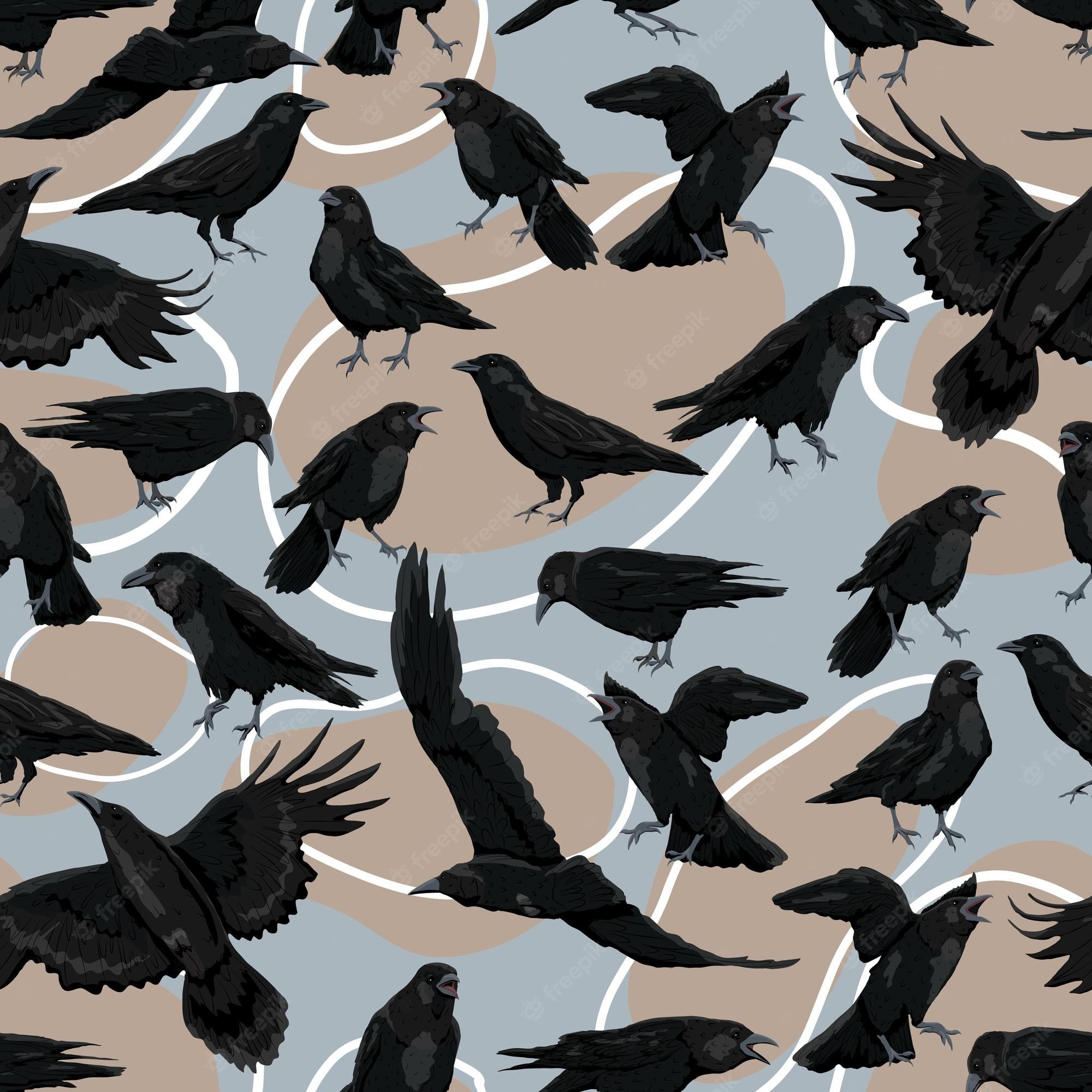 2000x2000 Premium Vector. Seamless pattern with black birds crows corvus corax in different poses stand croak
