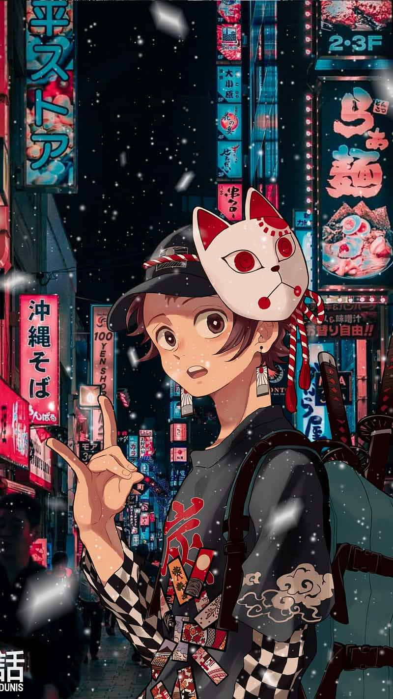 800x1423 Download Cute Demon Slayer Character Tanjiro Kamado On City Nightlife Wallpaper